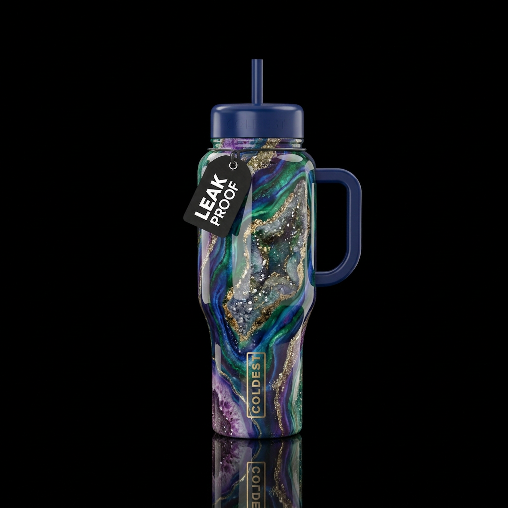 Geode style swirl with sparkly highlights glossy water bottle design