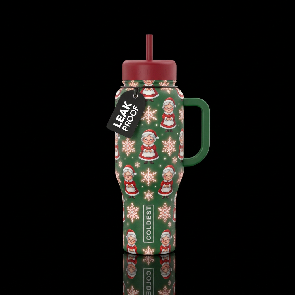 Small repeating mrs claus with glowy snowflakes in... water bottle design