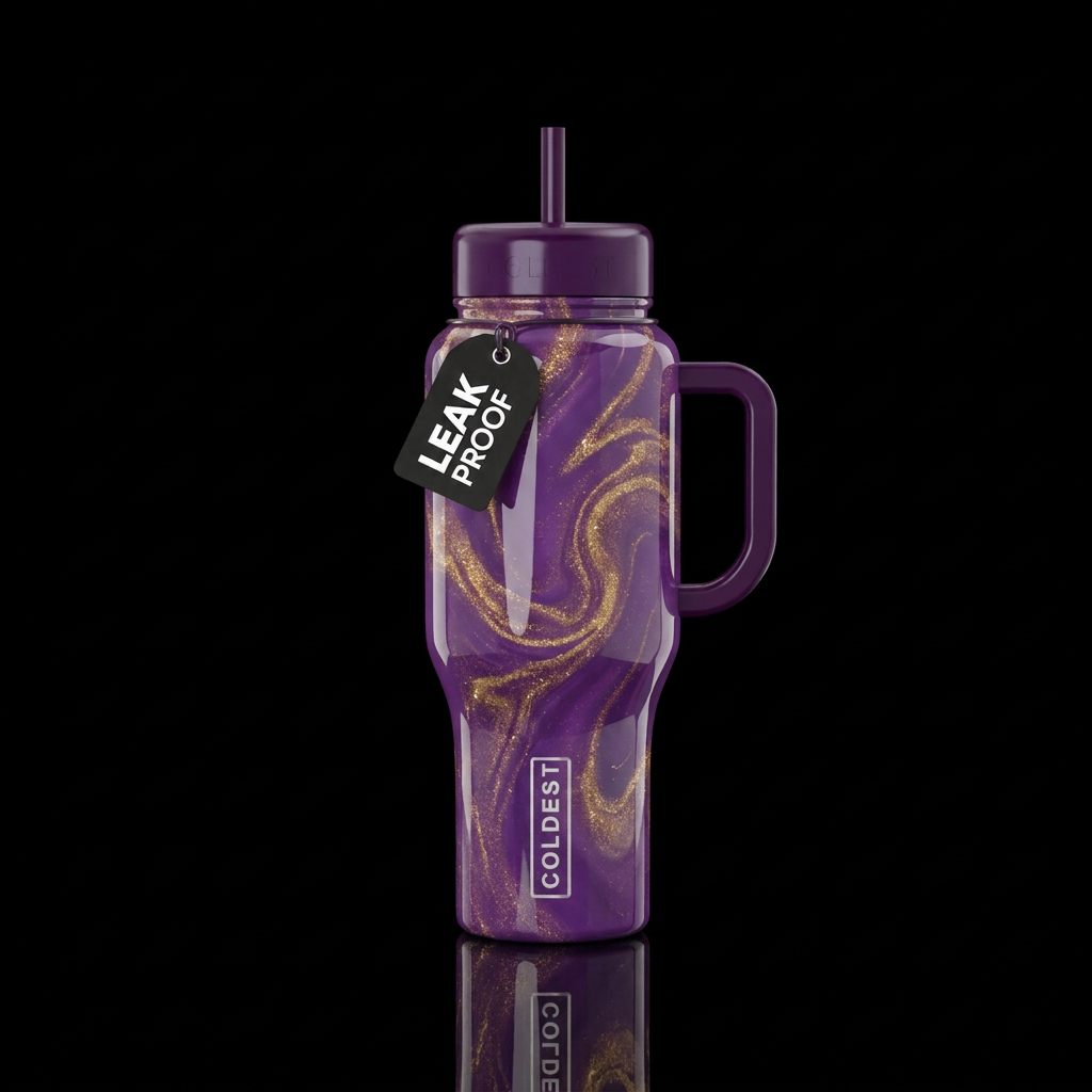 Purple passion with sparkling gold shimmer swirl g... water bottle design