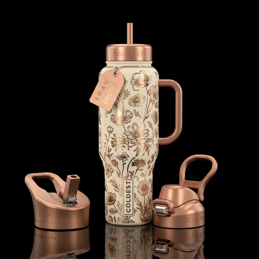 Matte cream colored background with metalic neutra... water bottle design