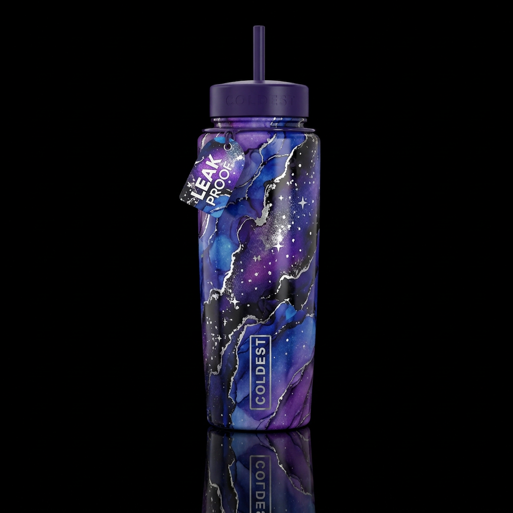 Alcohol ink night sky with silver highlights water bottle design