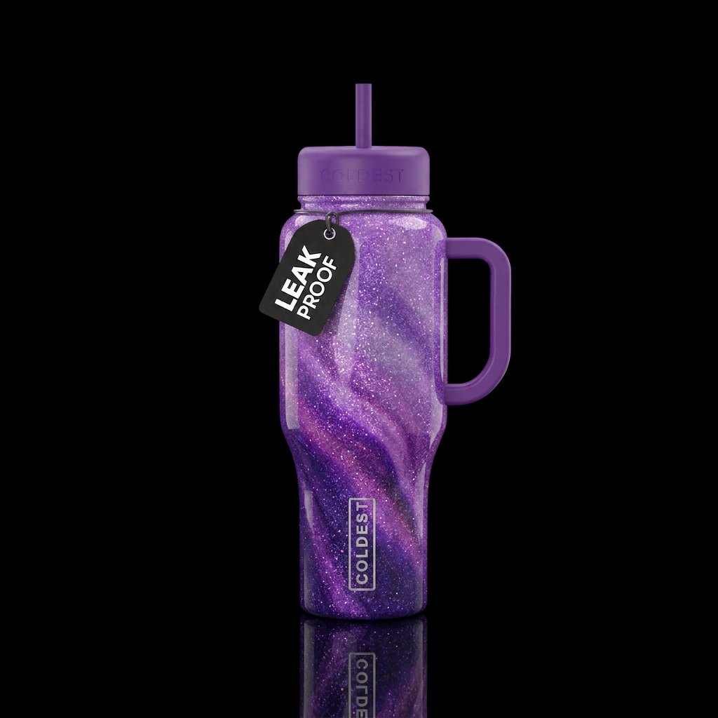 purple ombre glitter swirl water bottle design