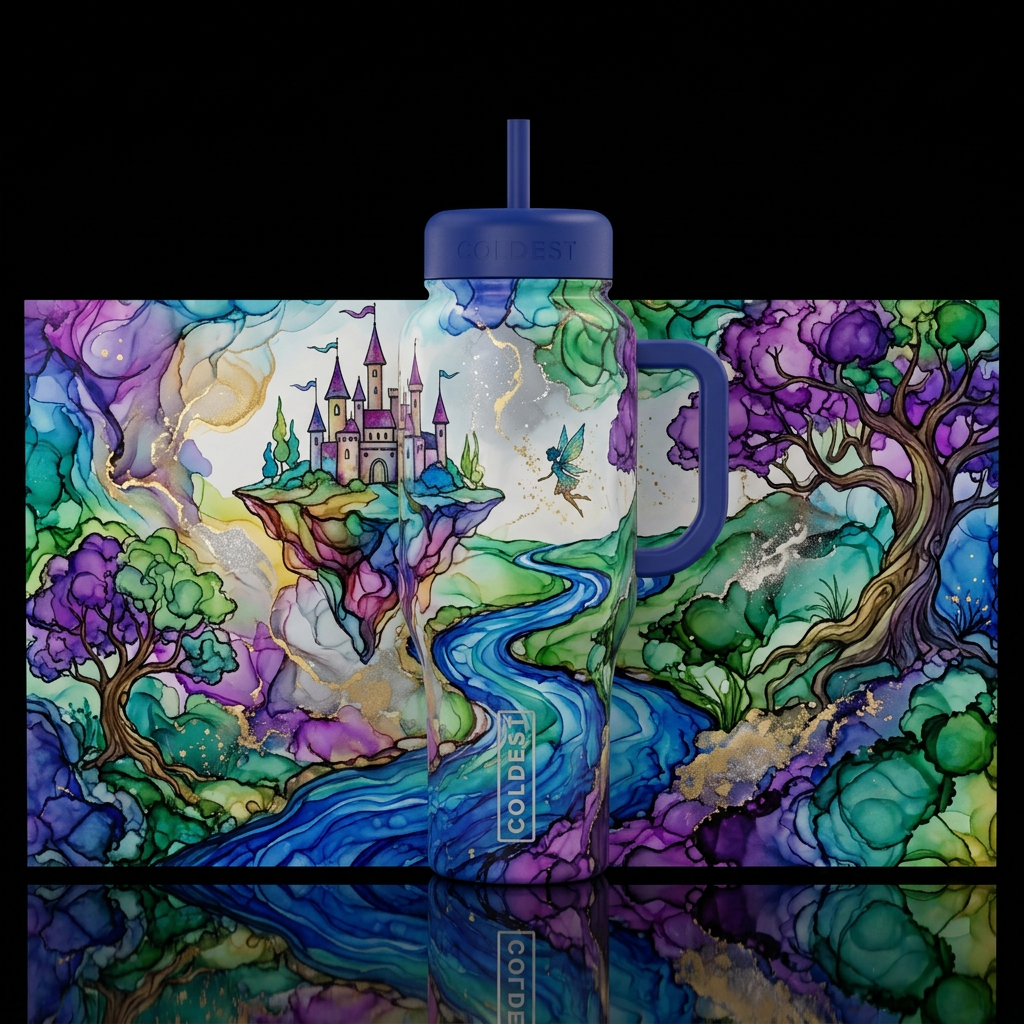 fairytale scene alcohol ink water bottle design