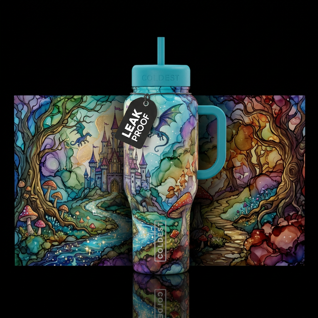 fairytale scene alcohol ink water bottle design