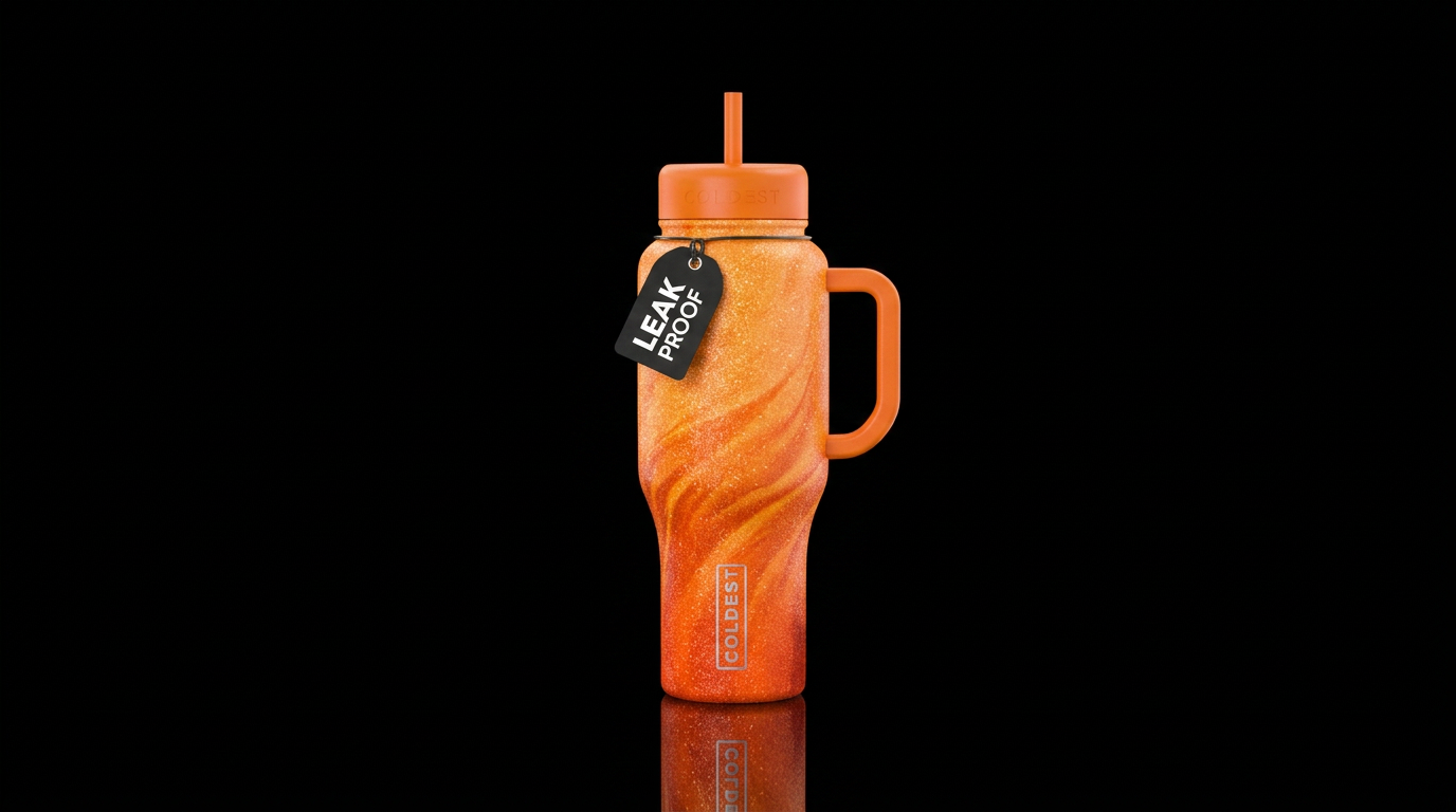 bright orange ombre glitter swirl water bottle design