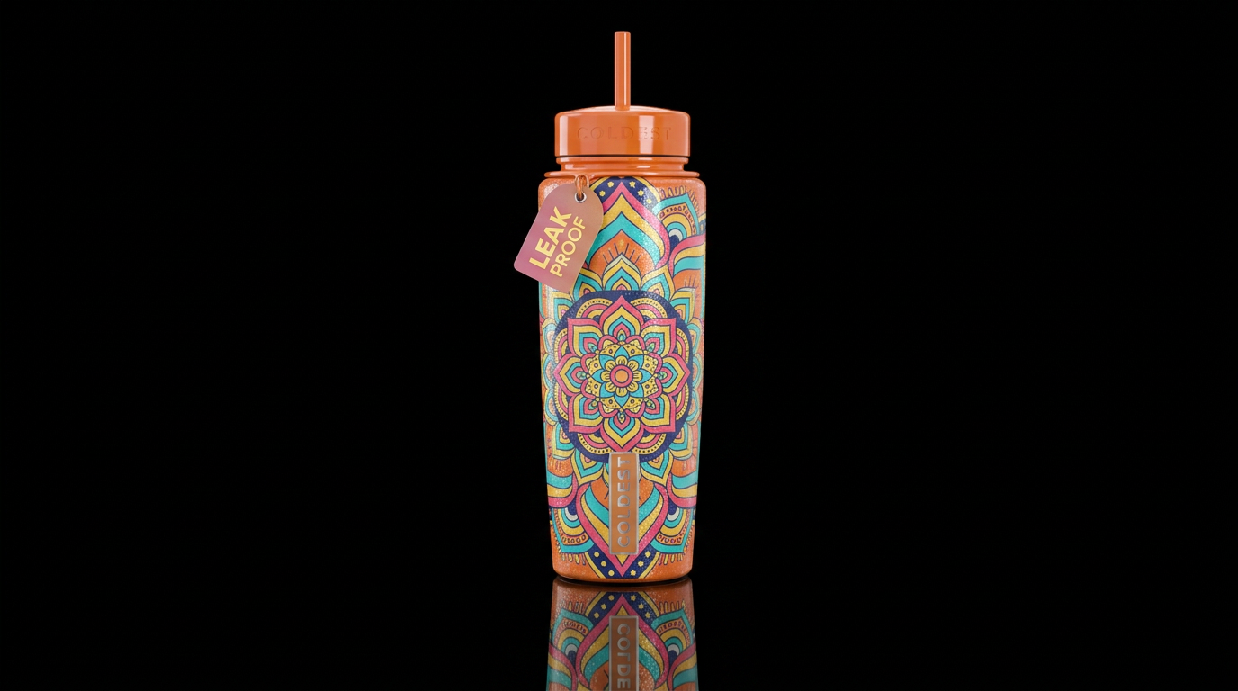 tangerine turquoise yellow navy pink mandala with ... water bottle design