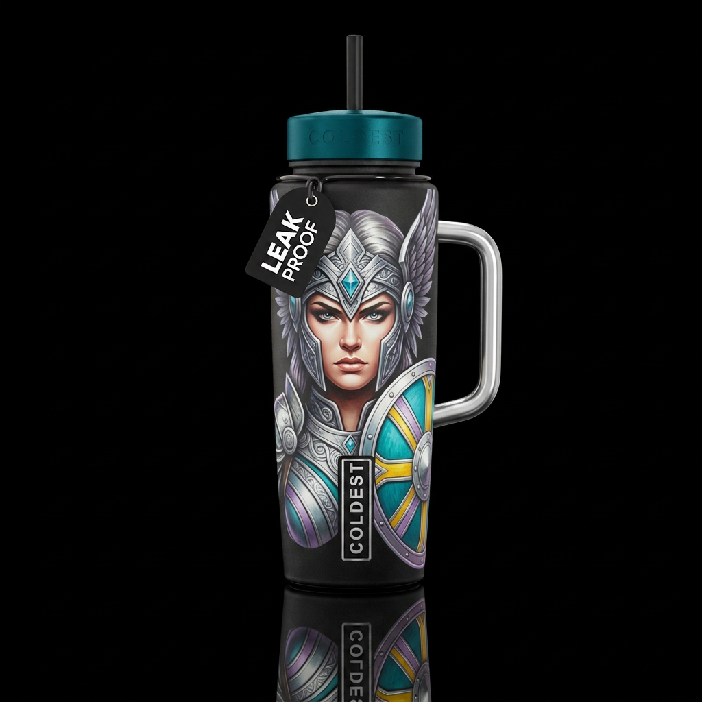 Valkyrie face with wings tucked in behind and shie... water bottle design