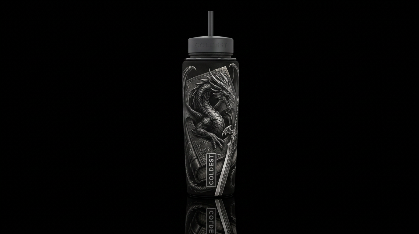 Black and Grey color book and sword with a dragon ... water bottle design