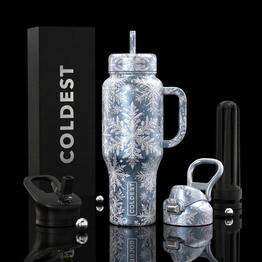 sparkly white snowflake fractals water bottle design