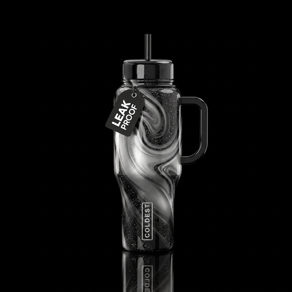 Silver ombre swirl black glitter highlights glossy water bottle design
