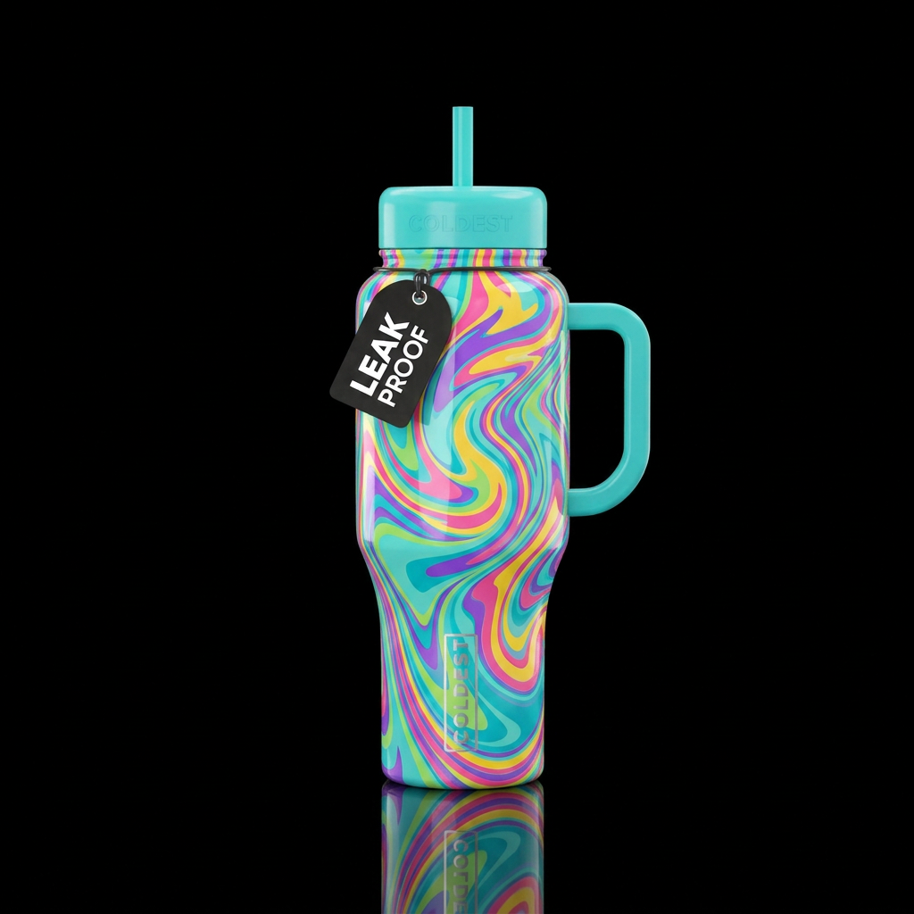 Preppy 80s inspired swirl glossy water bottle design