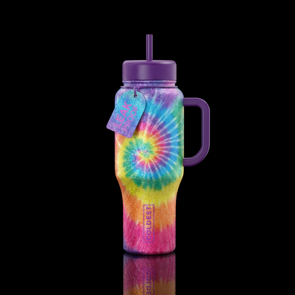 Rainbow tye die glitter ombre water bottle design