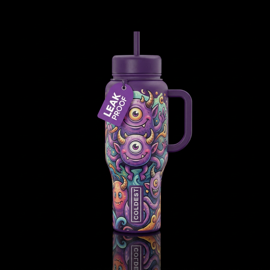 Purple people eater water bottle design