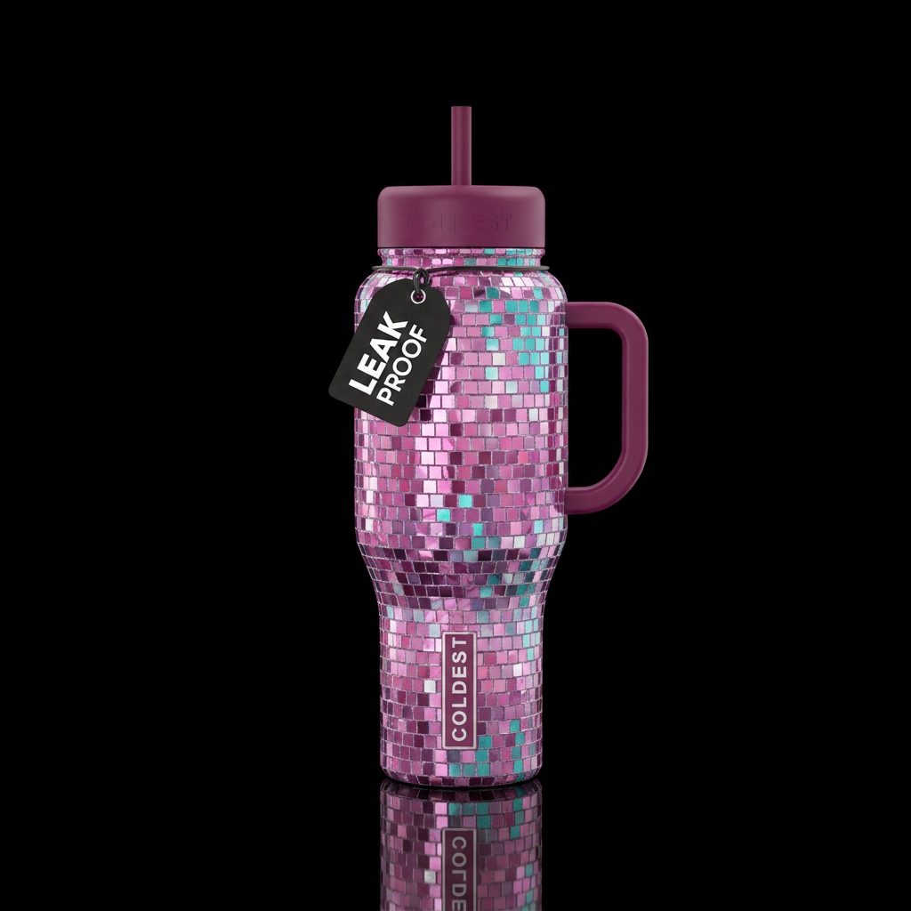 Mosaic tile disco ball pink purple turquoise water bottle design
