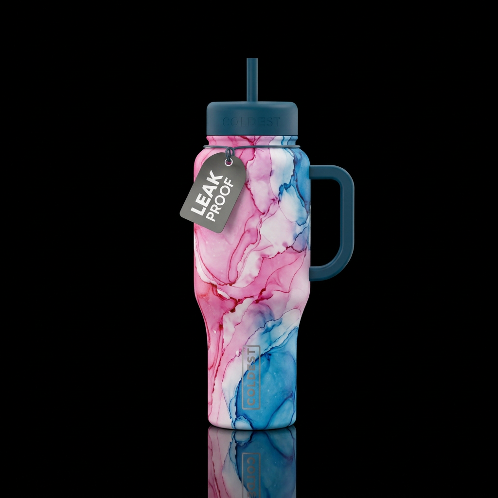 Pink white blue alcohol ink water bottle design