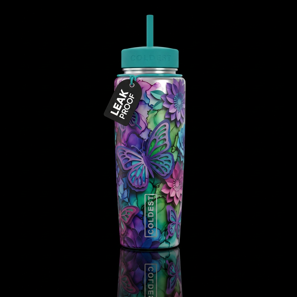 Paper craft alcohol ink butterflies water bottle design