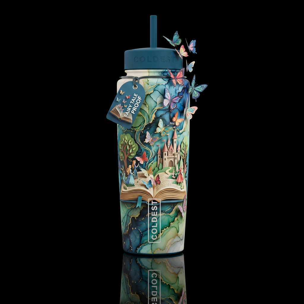 Paper craft fairytale story with butterflies flyin... water bottle design