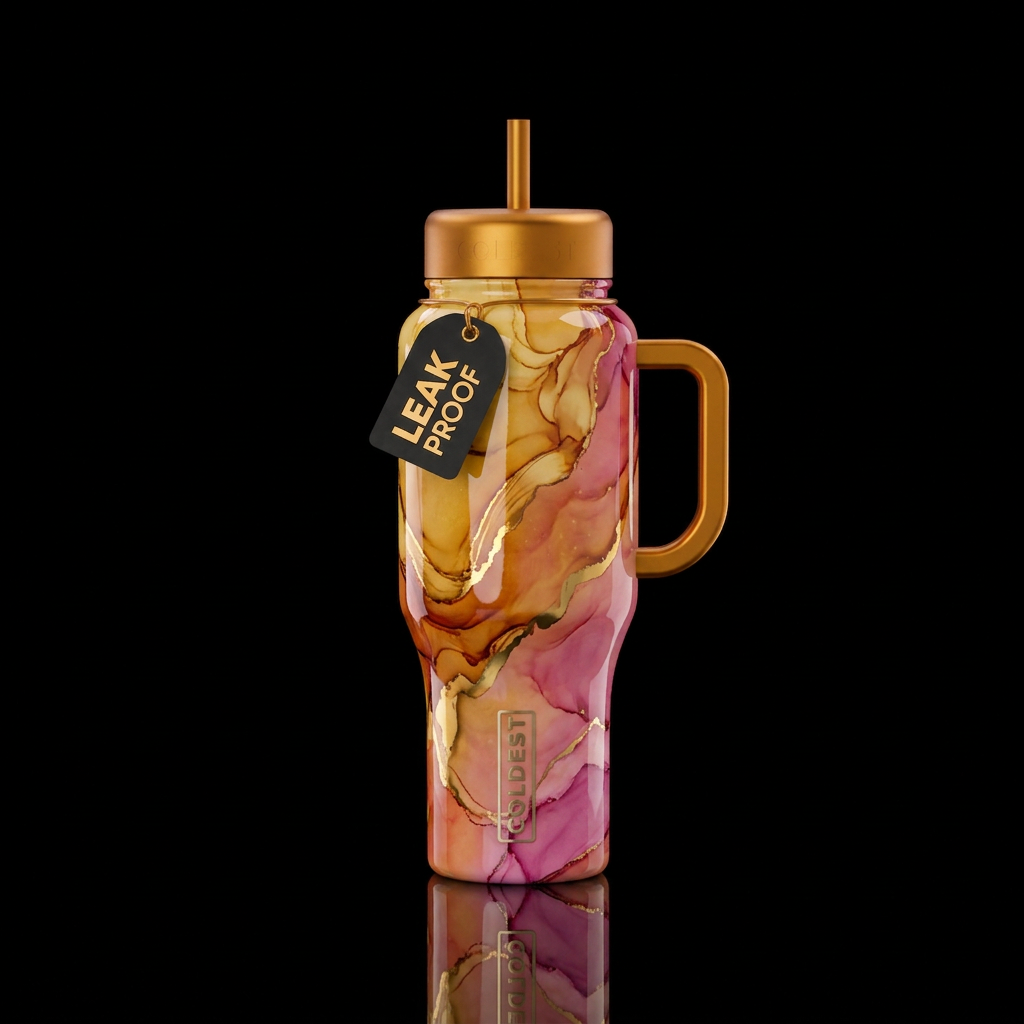 Alcohol ink sunset gold highlights glossy water bottle design