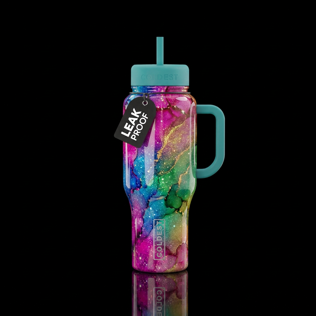 Alcohol ink rainbow glitter highlights glossy water bottle design