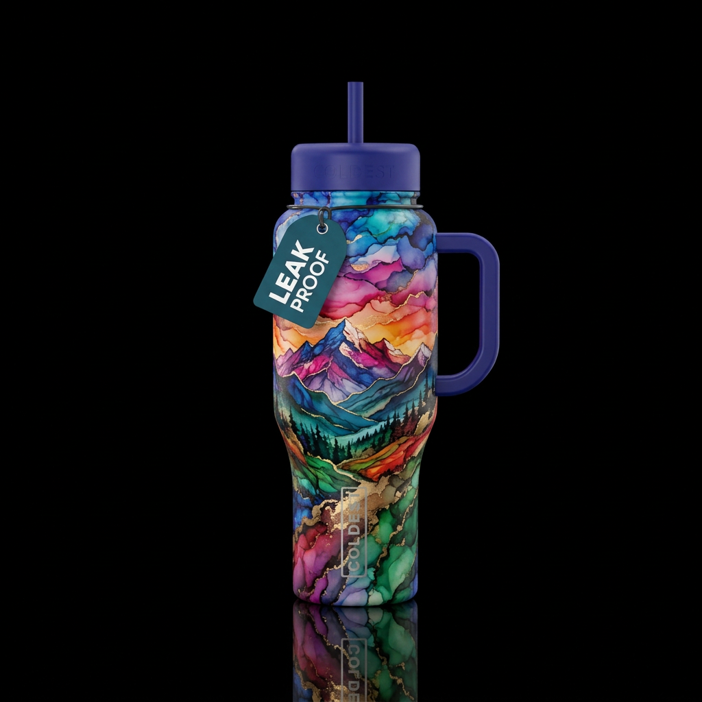 alcohol ink mountain scene water bottle design