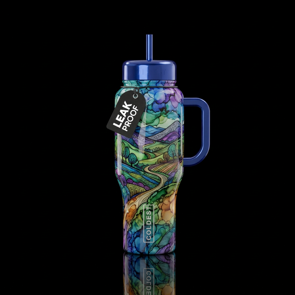 alcohol ink zentangle rolling country landscape gl... water bottle design