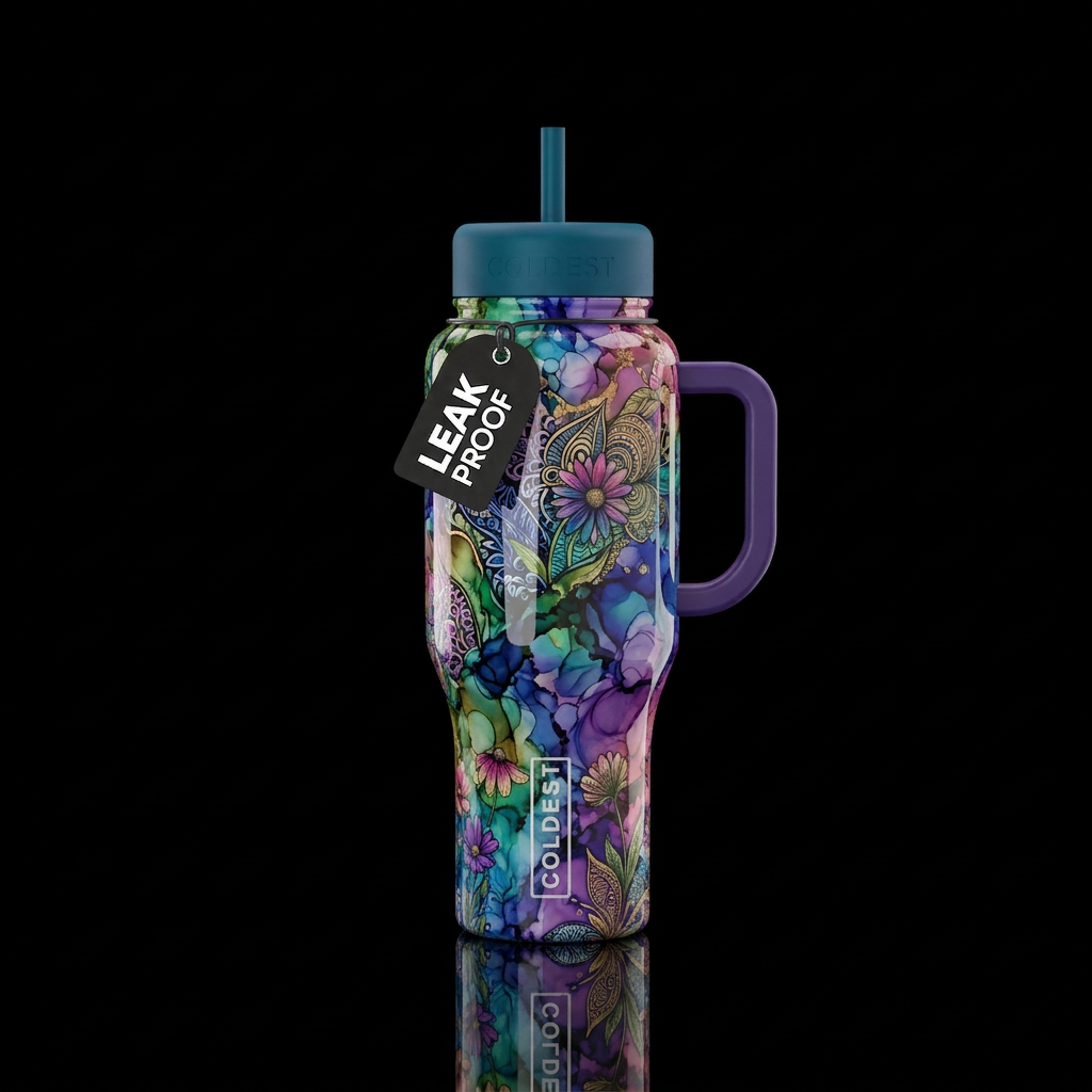 alcohol ink zentangle wild flowers glossy water bottle design