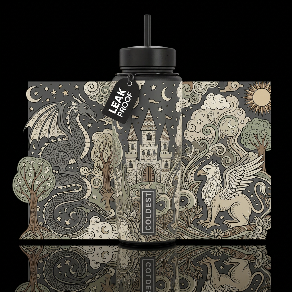 Zendoodle fairytale scene matte textured neutral t... water bottle design