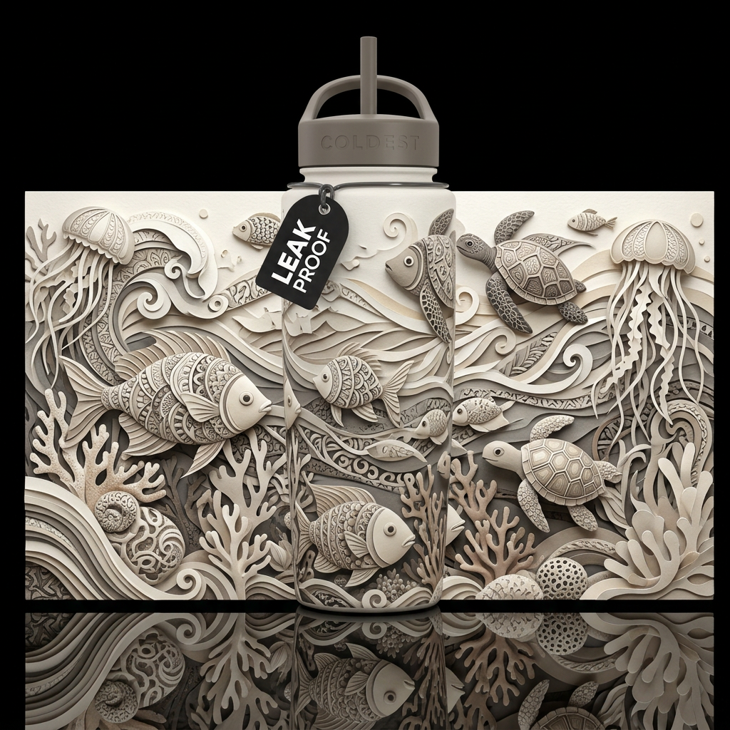Paper craft Zendoodle ocean life scene matte textu... water bottle design
