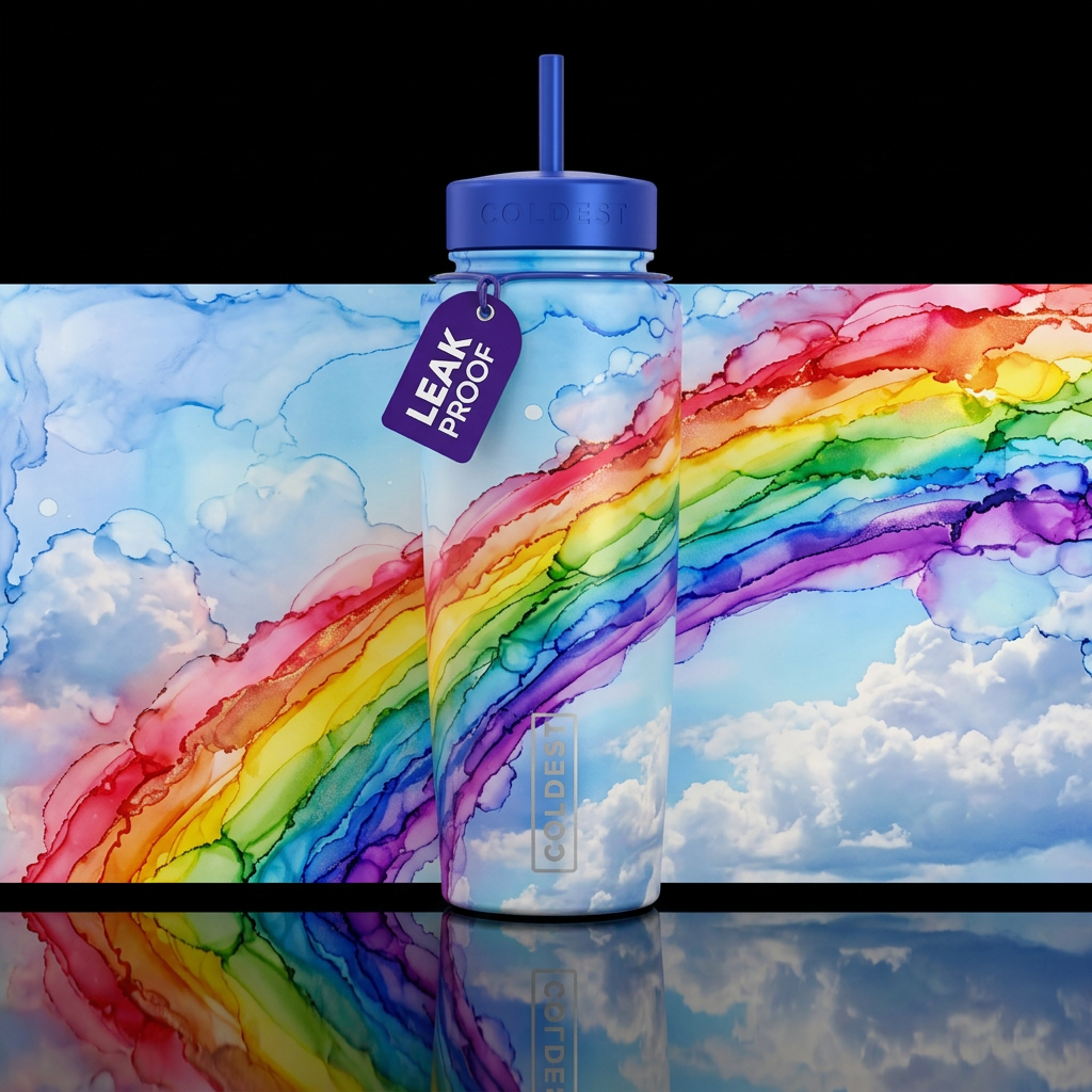 Clearing skies with clouds and a rainbow alcohol i... water bottle design