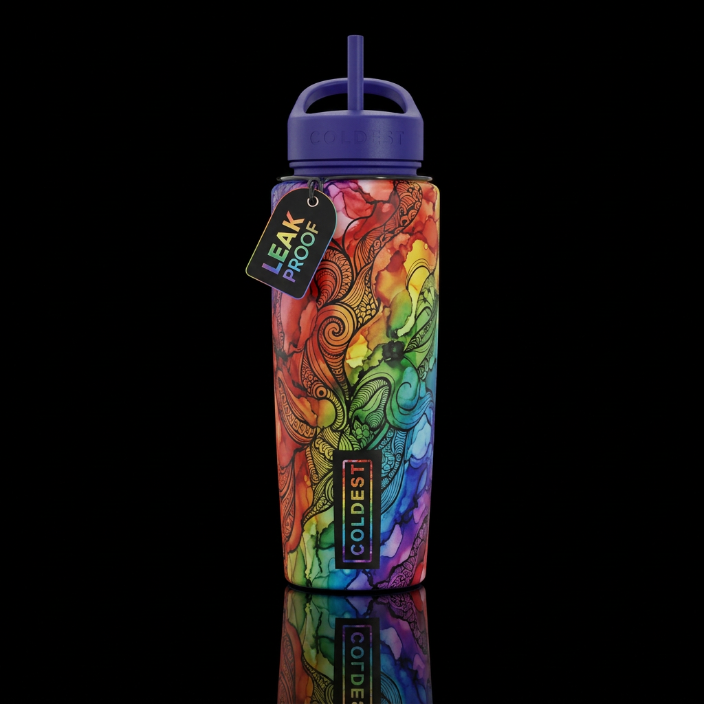 Zentangle rainbow alcohol ink water bottle design