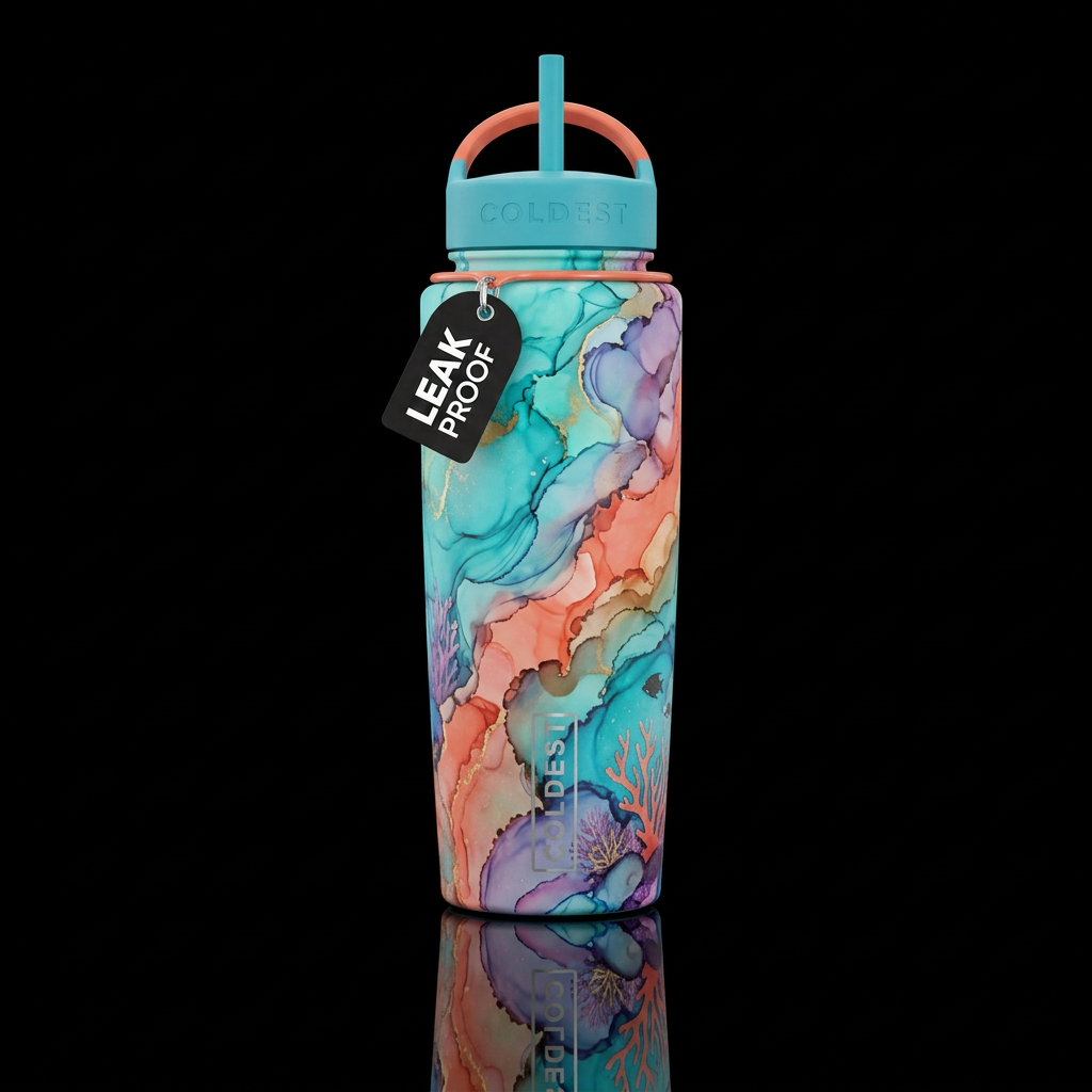 Great barrier reef alcohol ink water bottle design
