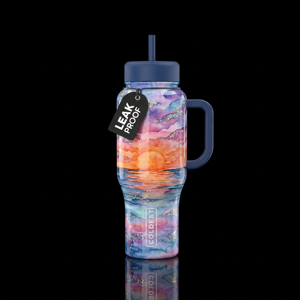 Watercolor sunrise with glitter accents glossy water bottle design