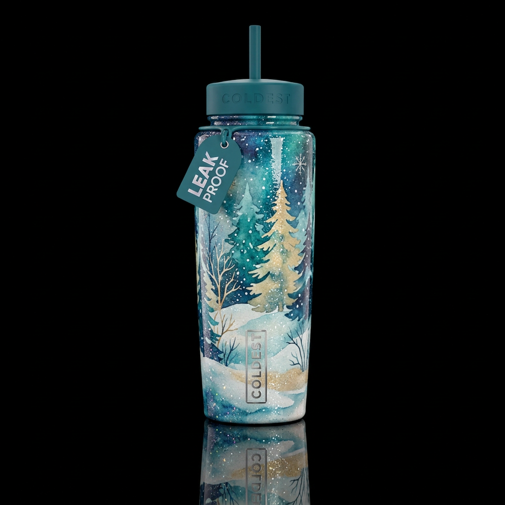 Watercolor first snowfall with glitter accents glo... water bottle design