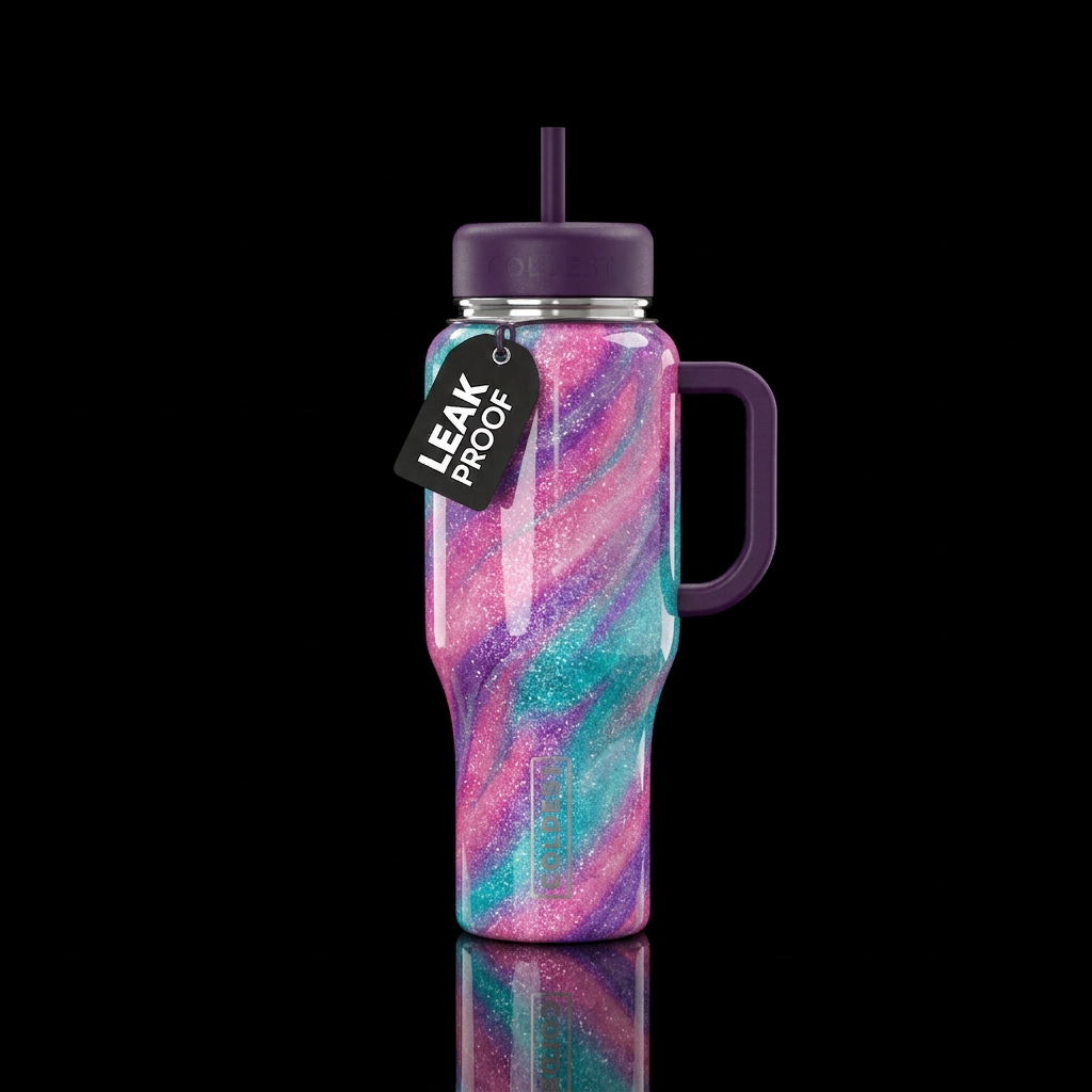 Pink purple turquoise swirls with glitter glossy water bottle design