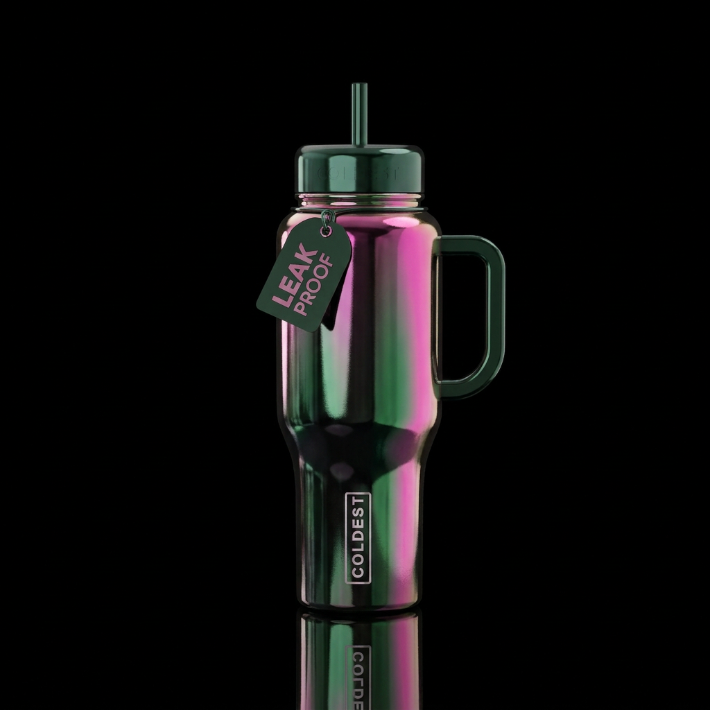 Oil slick black green pink water bottle design