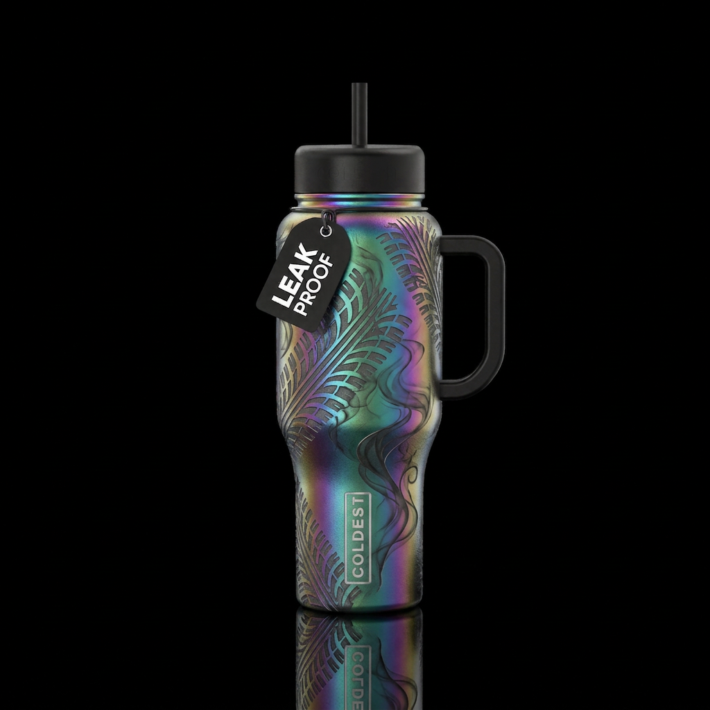Oil slick with etched treads and exhaust smoke water bottle design
