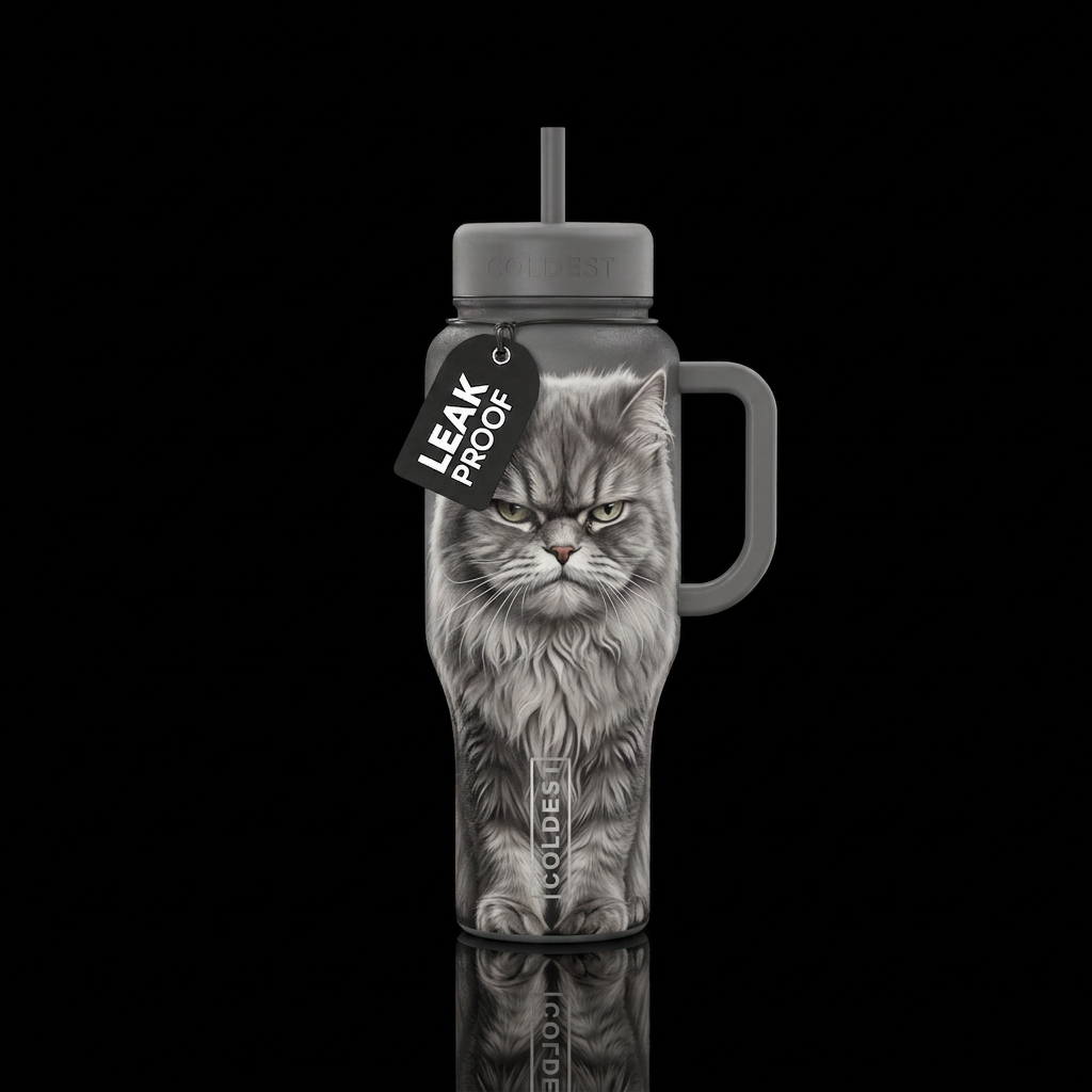 Chunky gray long hair ornery cat water bottle design