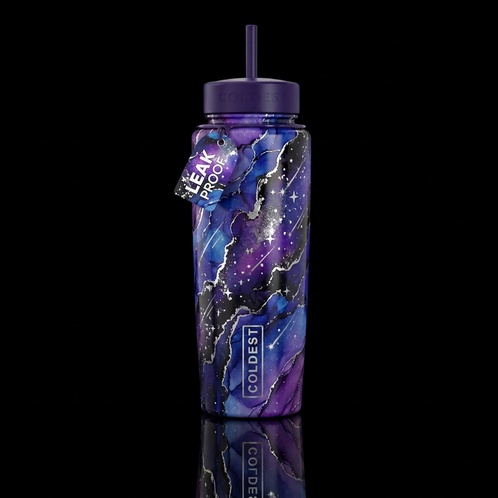 Alcohol ink night sky with silver highlights shoot... water bottle design