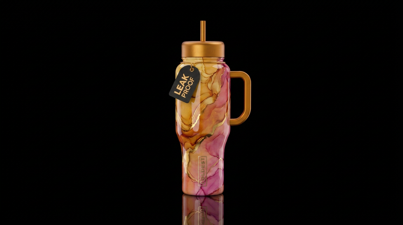 Alcohol ink sunset gold highlights glossy water bottle design