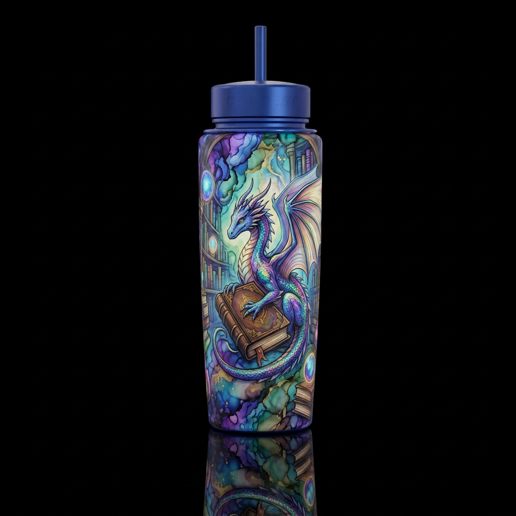 Alcohol ink book dragon in magical library water bottle design