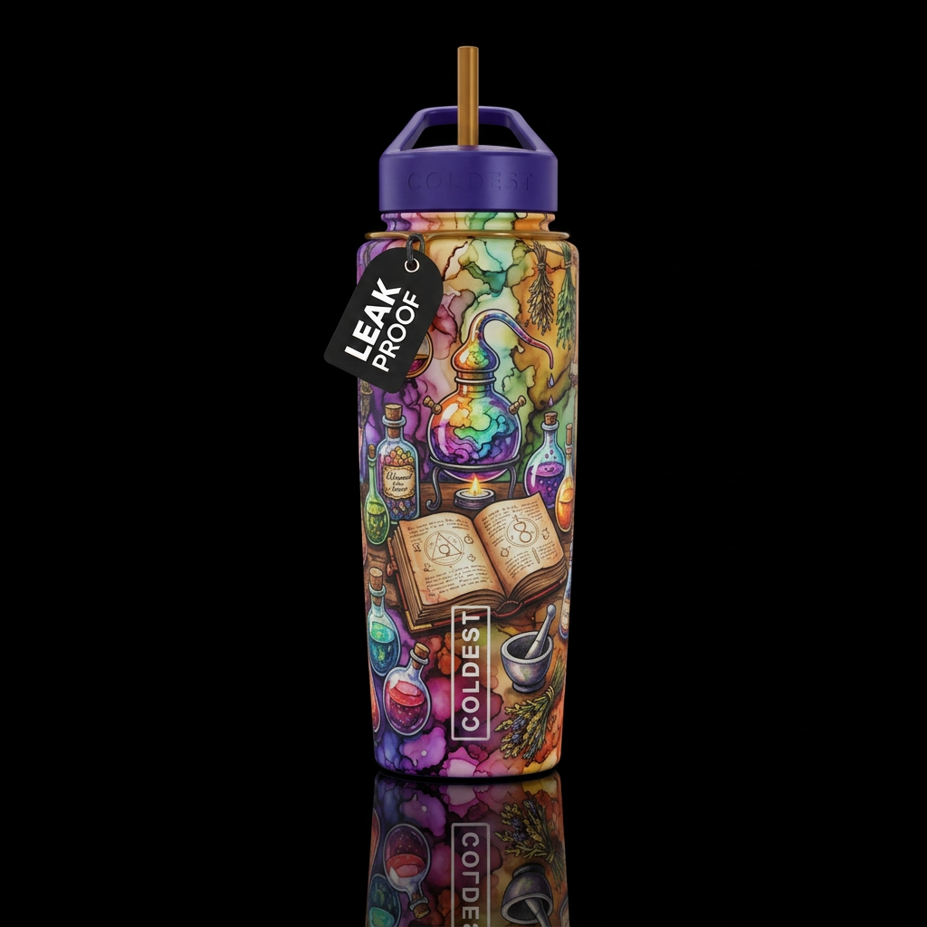 Alcohol ink alchemist shop water bottle design