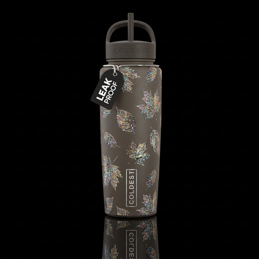 Matte neutral background with sparkly leaves falli... water bottle design