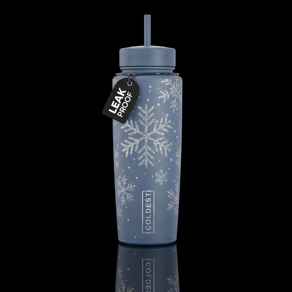 Matte neutral blue background with sparkly snowfla... water bottle design