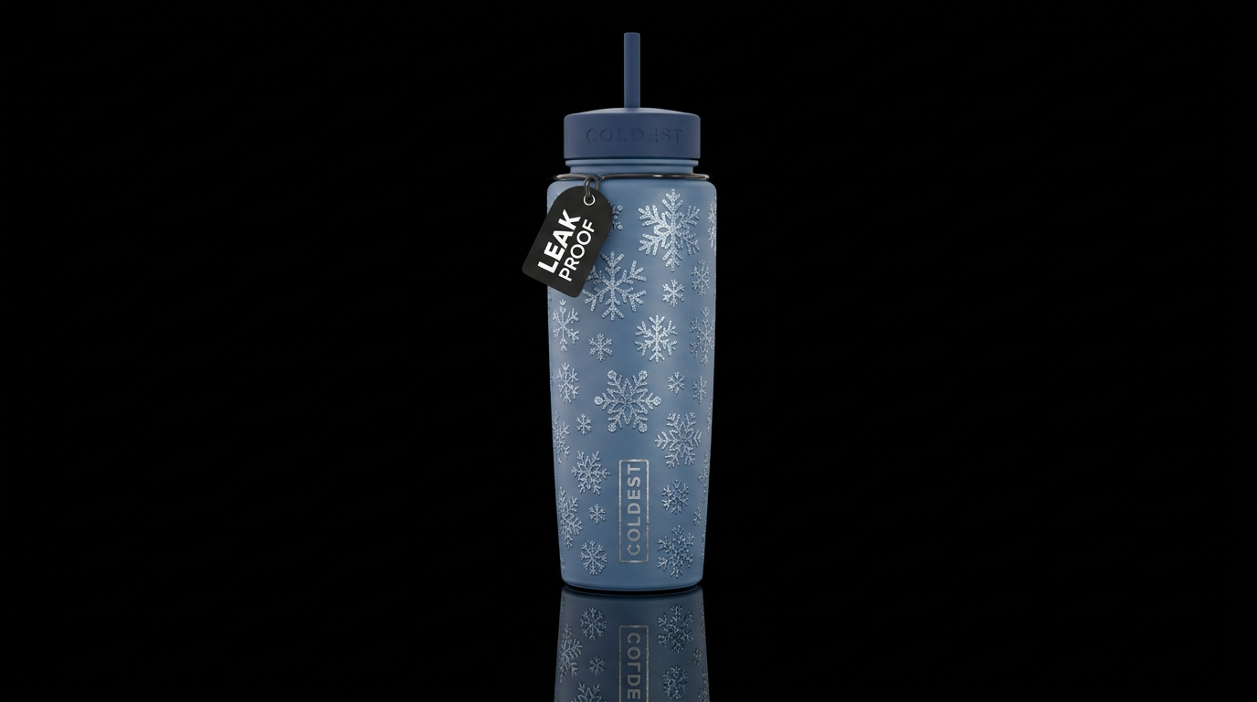 Matte neutral blue background with a lot of differ... water bottle design