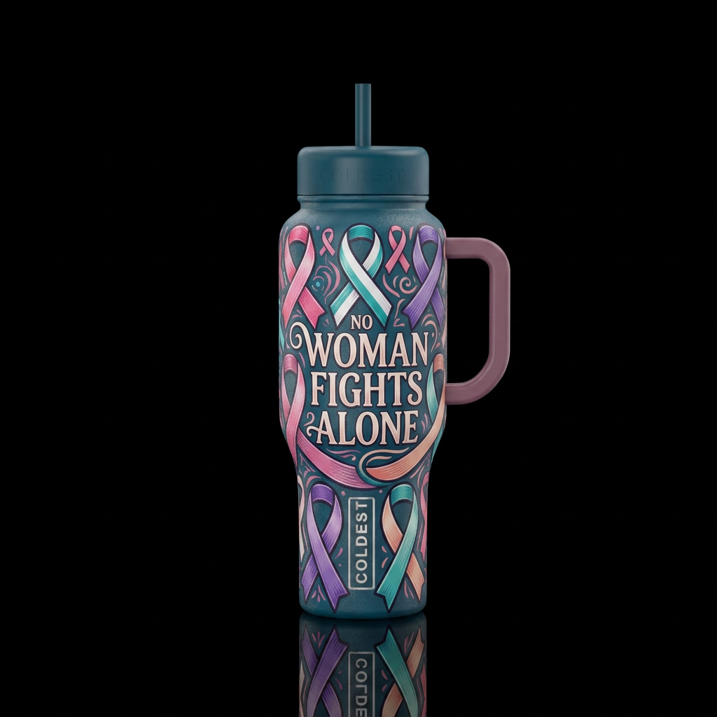 No woman fights alone with awareness ribbon in pin... water bottle design