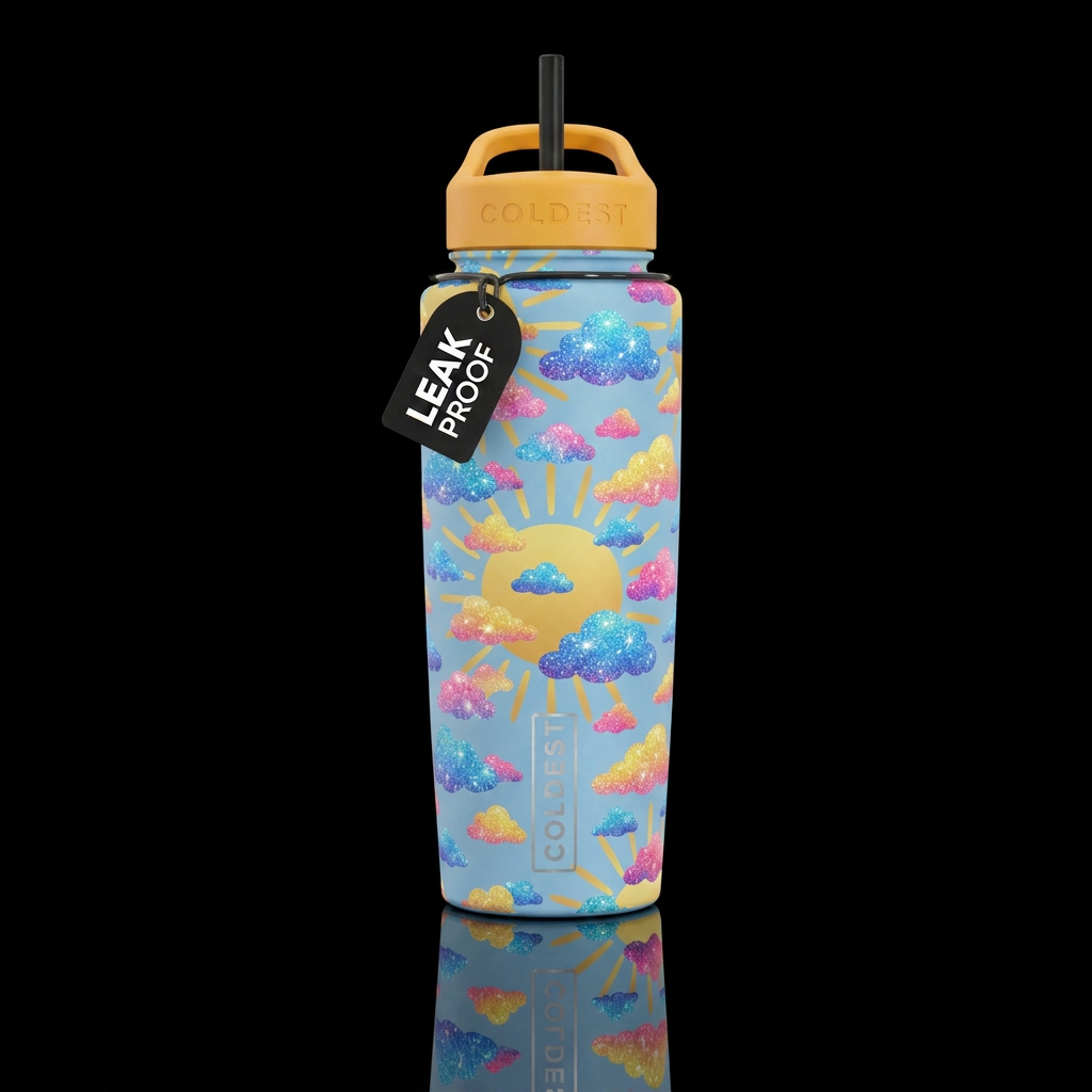 Matte sunny summer day background with big puffy d... water bottle design
