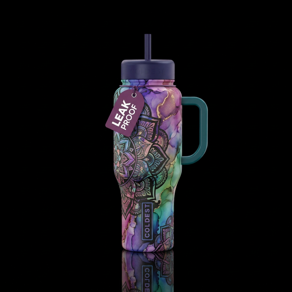 Zentangle mandalas alcohol ink water bottle design