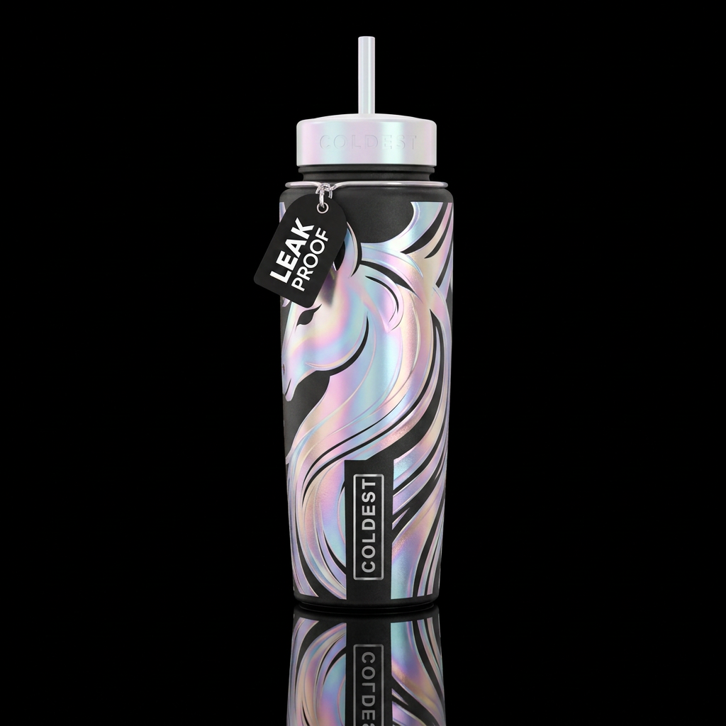 opalescent, unicorn, modern, stylistic water bottle design
