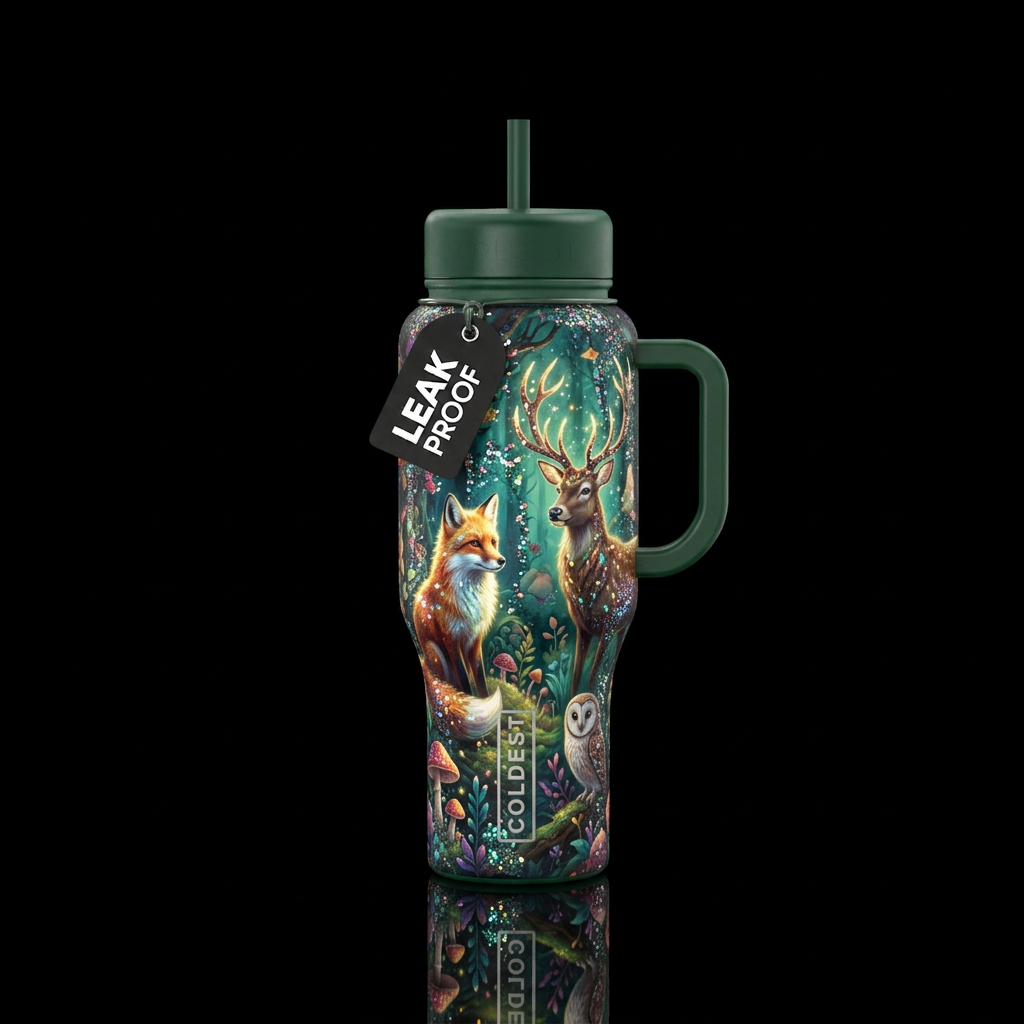 Magical realism forest creatures with glitter high... water bottle design