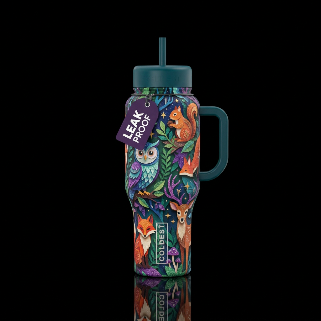 Magical realism forest creatures with glitter high... water bottle design